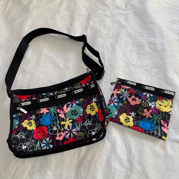 Lesportsac Floral Black Shoulder Bag and Pouch Set - Picture 1 of 13